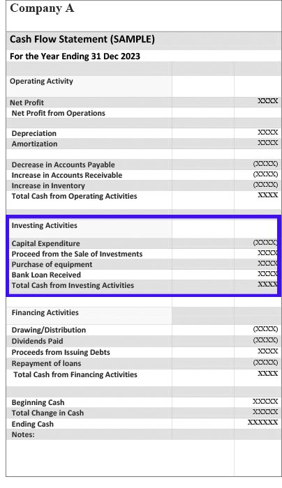 Investing activities shown in cash flow statement-sample